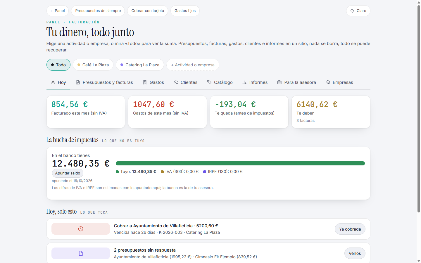 Facturación de Shyn Labs: la pantalla «Hoy» con lo cobrado, lo pendiente y lo que toca esta semana