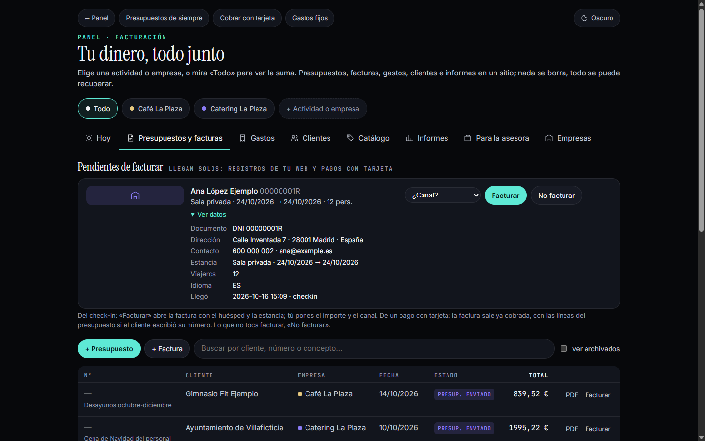 Lista de presupuestos y facturas con el bloque de pendientes de facturar