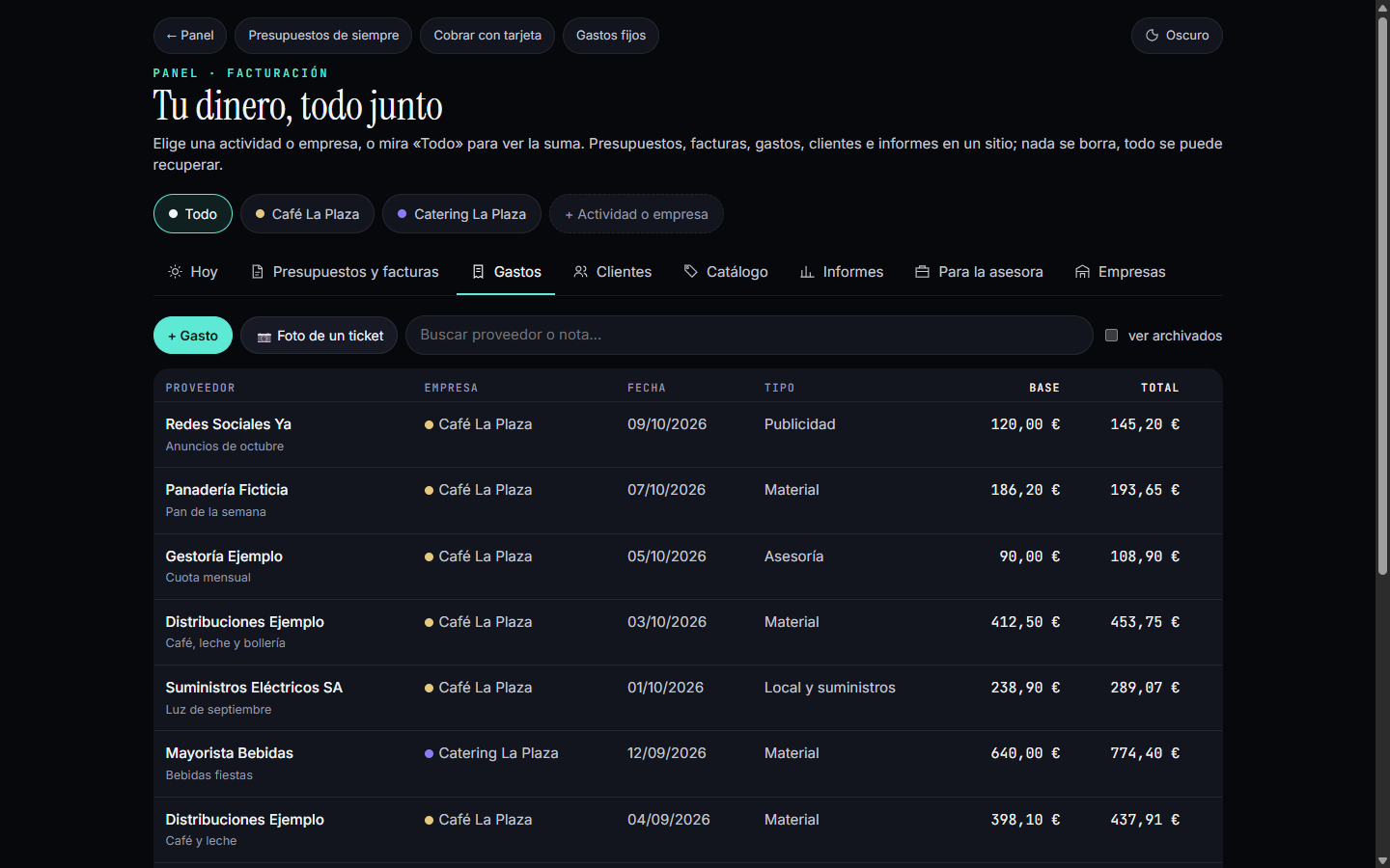 Gastos con el ticket adjunto y los datos leídos por la IA