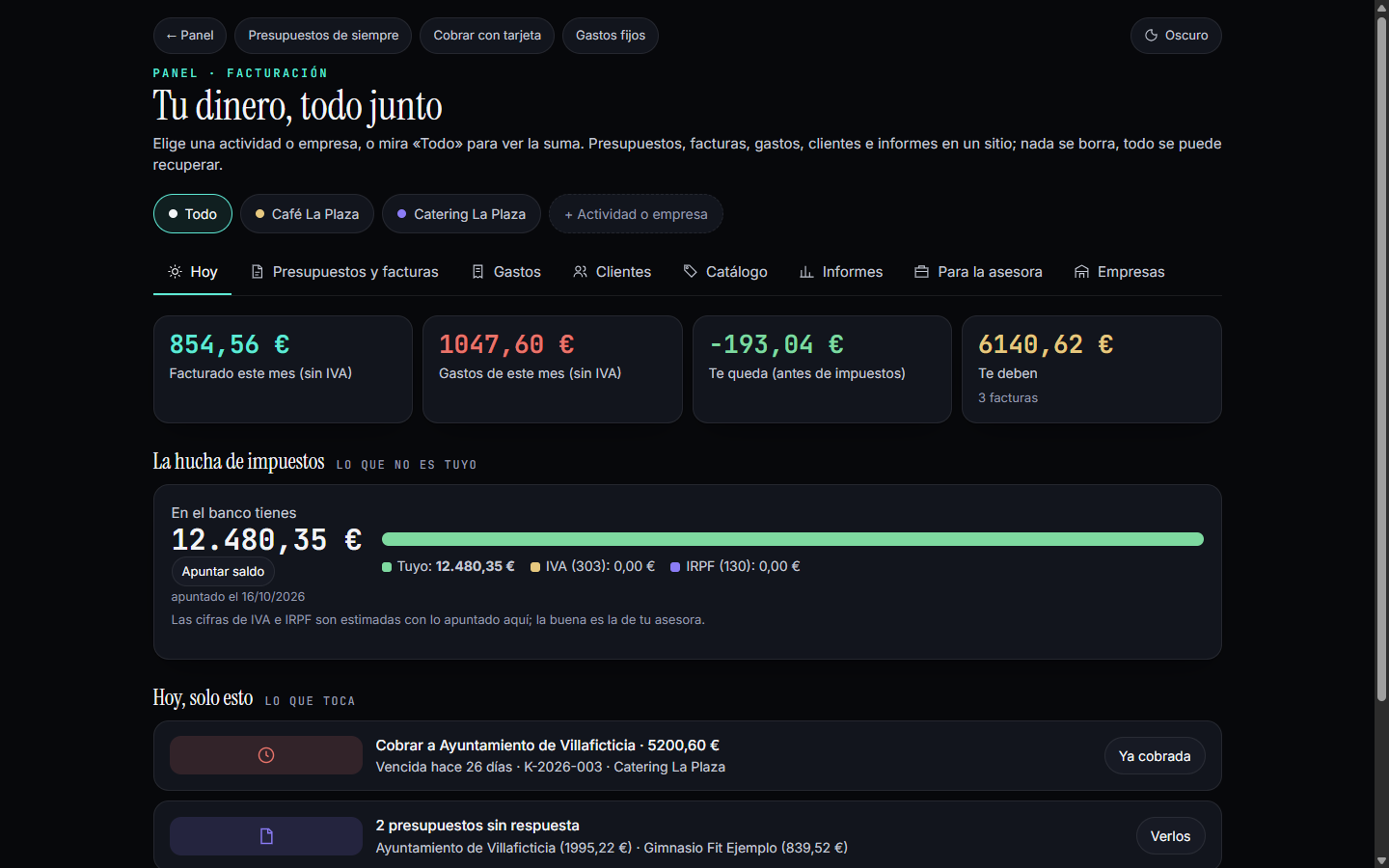 Pantalla Hoy en tema oscuro: cobrado este mes, pendiente de cobro y próximos vencimientos